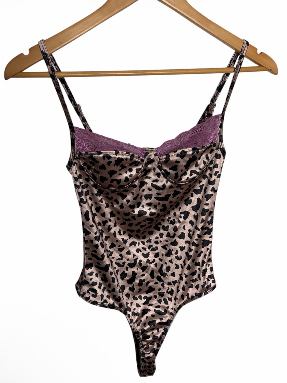 Motel satin lace trim cheetah thong bodysuit size S